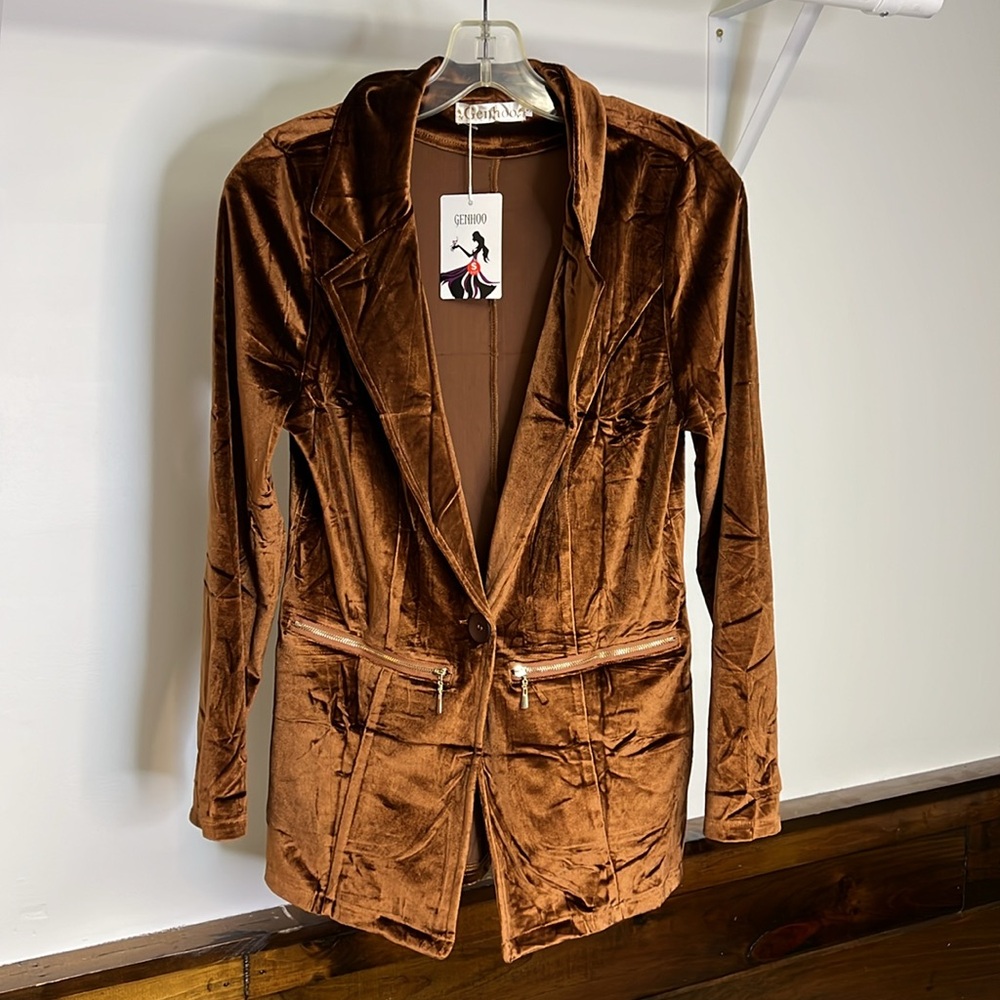 NWT Amazon Genhoo Brown Velvet Blazer‎ w/ Gold Zippers- S